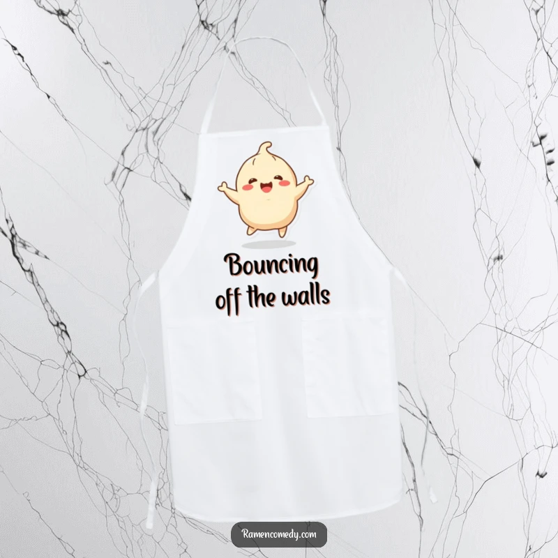 Funny cheerful dumpling character joyfully bouncing, apron. Humorous kitchen accessory and funny gift.
