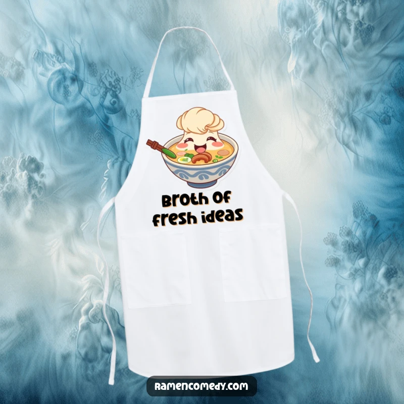 Funny ramen broth apron, smiling character beaming from bowl, cute soup accessory.