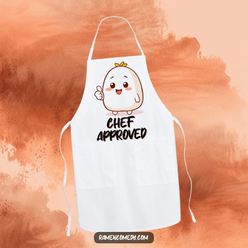 Funny apron illustration of a smiling onigiri character giving a thumbs up, ideal for kitchen humor and protecting clothes.