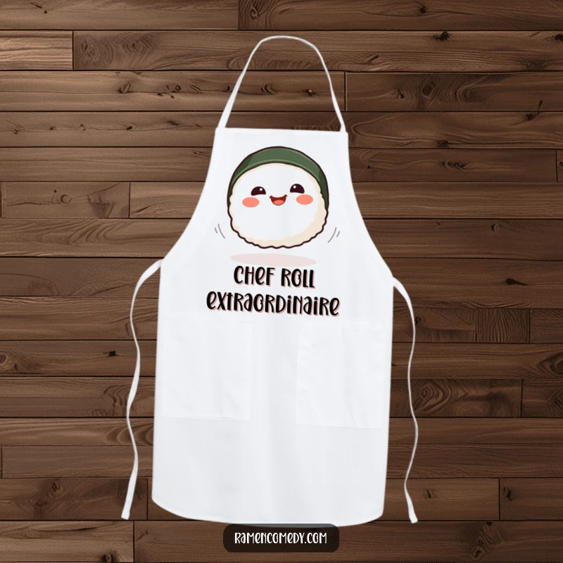 Funny smiling sushi piece spinning energetically, cute and functional kitchen apron.