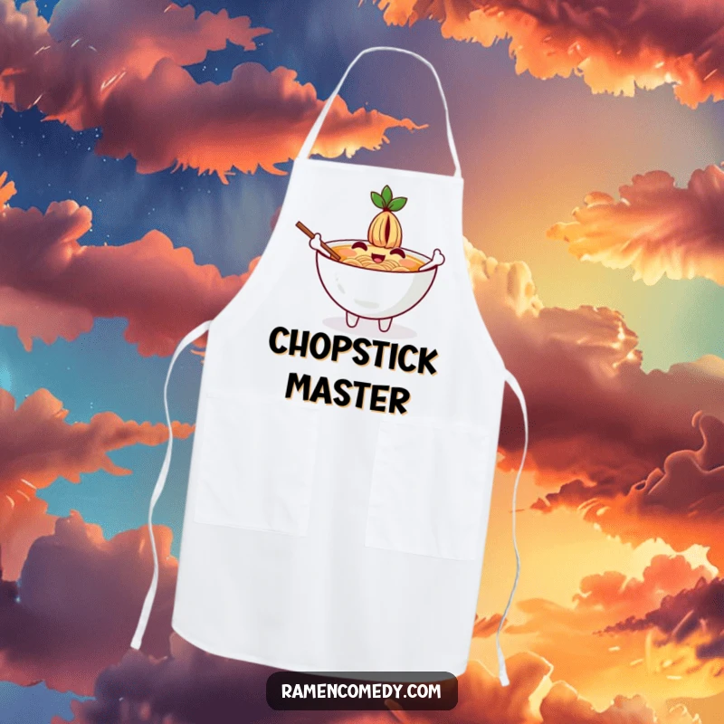 Funny apron showing a cheerful ramen bowl character waving with chopsticks as arms, perfect for kitchen fun.