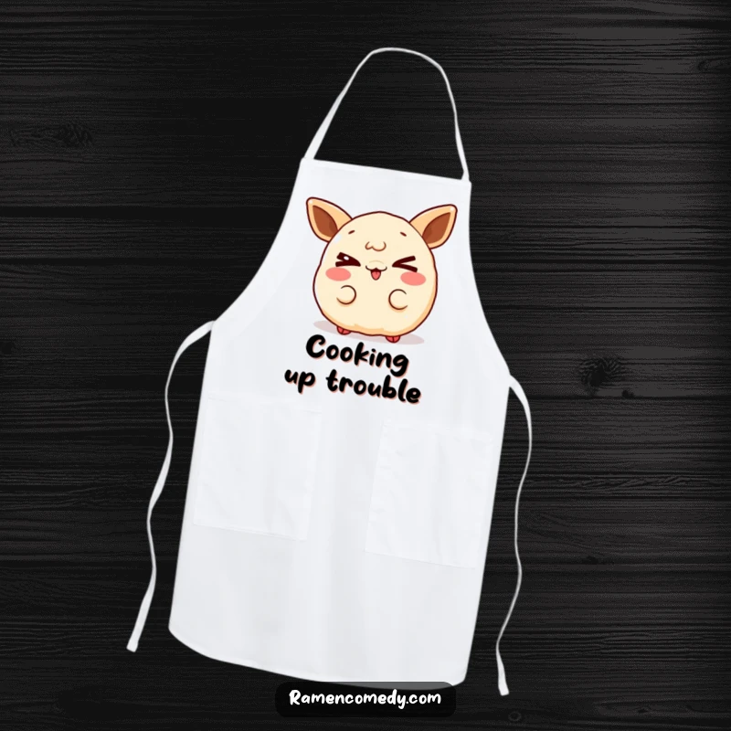 Funny gleeful gyoza apron, a cute character winking mischievously, ideal for fun kitchen adventures.