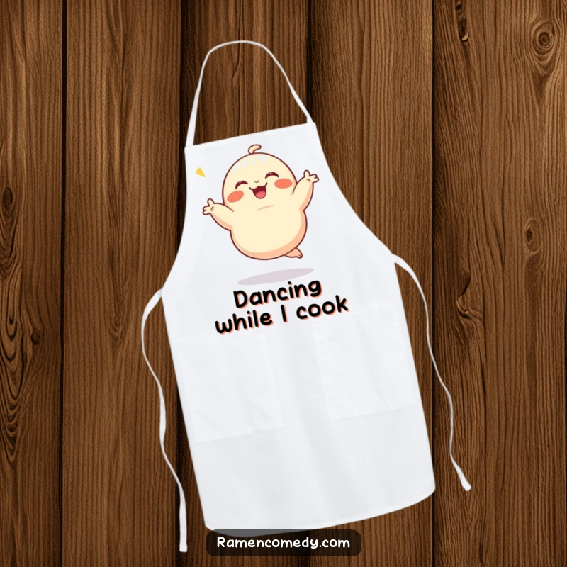 Funny Apron featuring a jubilant dumpling character dancing with joy, making cooking and kitchen tasks hilariously entertaining.