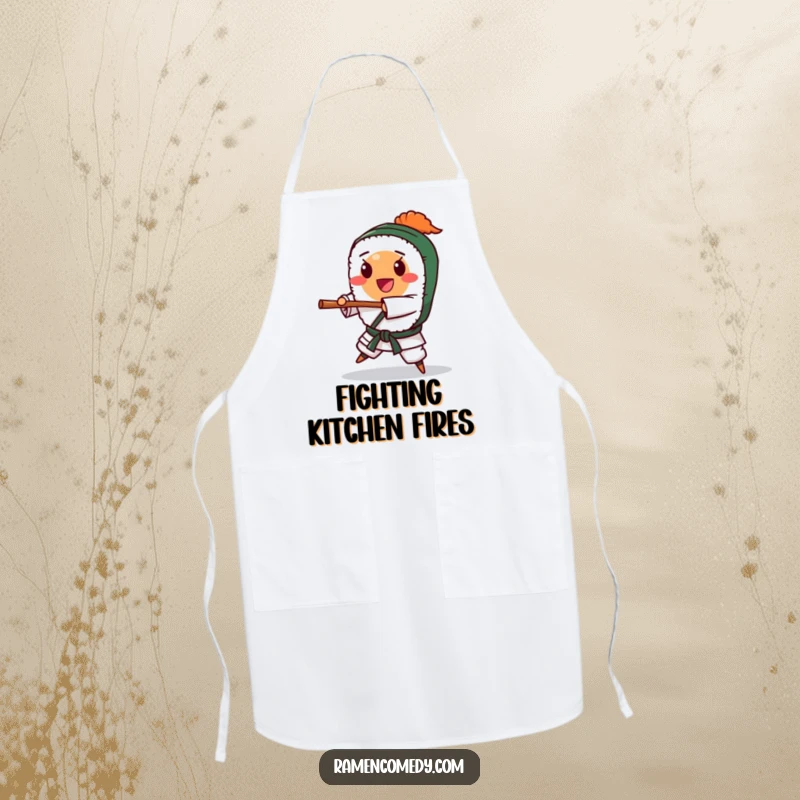 Funny happy sushi roll character doing a karate chop, apron. Humorous kitchen accessory and funny gift.