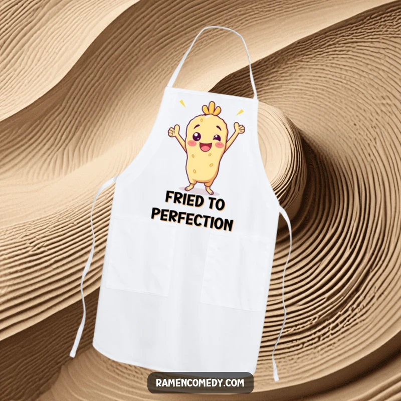 Funny Apron featuring a cheerful tempura character striking a victorious pose, adding a humorous and inspiring touch to cooking.