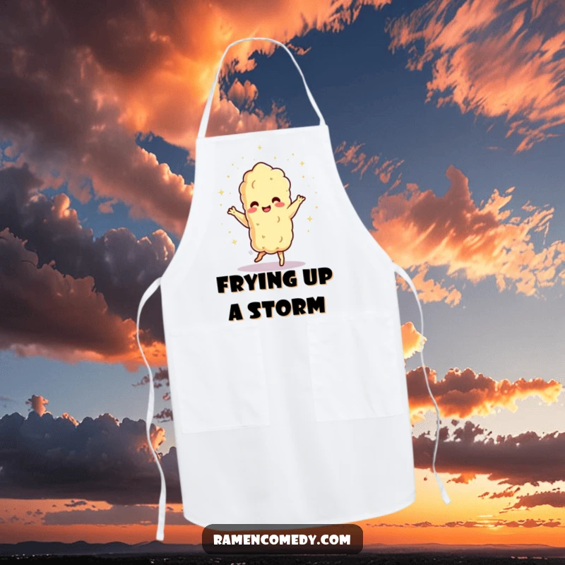 Funny dancing tempura character showering tiny sparks, apron. Humorous kitchen accessory and funny gift.