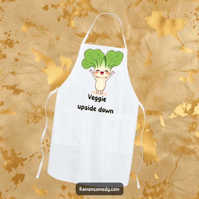 Funny Bok Choy Yoga Apron featuring a friendly bok choy character playfully doing a headstand, perfect for a healthy cook.