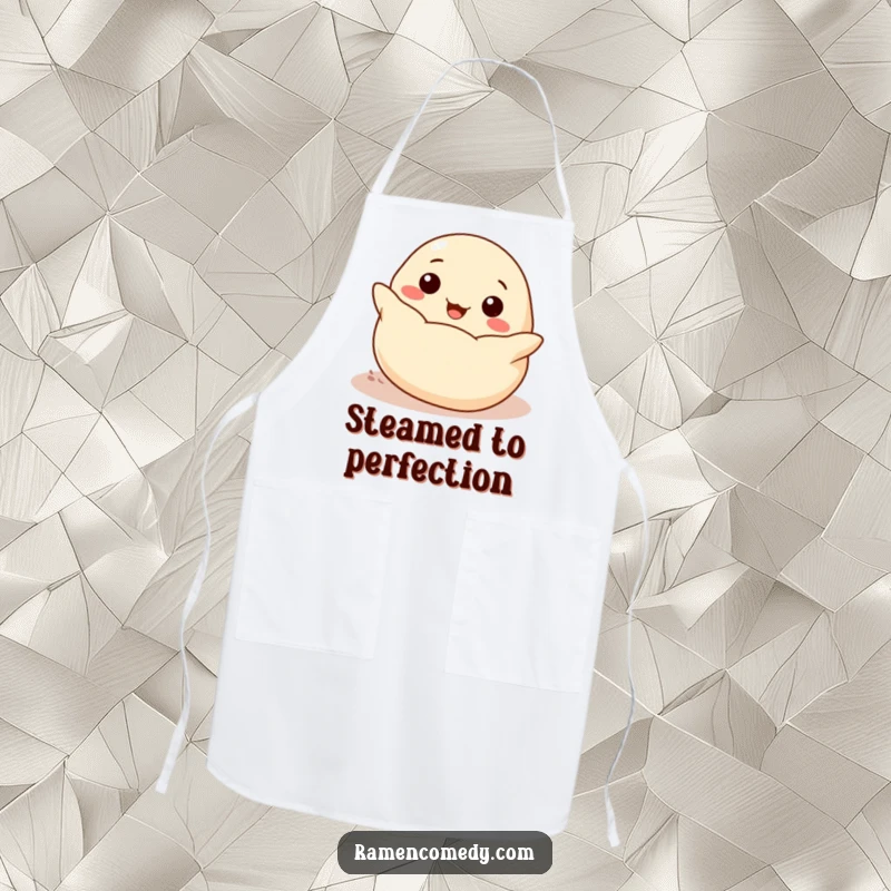 Funny cheerful dumpling rolling with delight, cute and functional kitchen apron.
