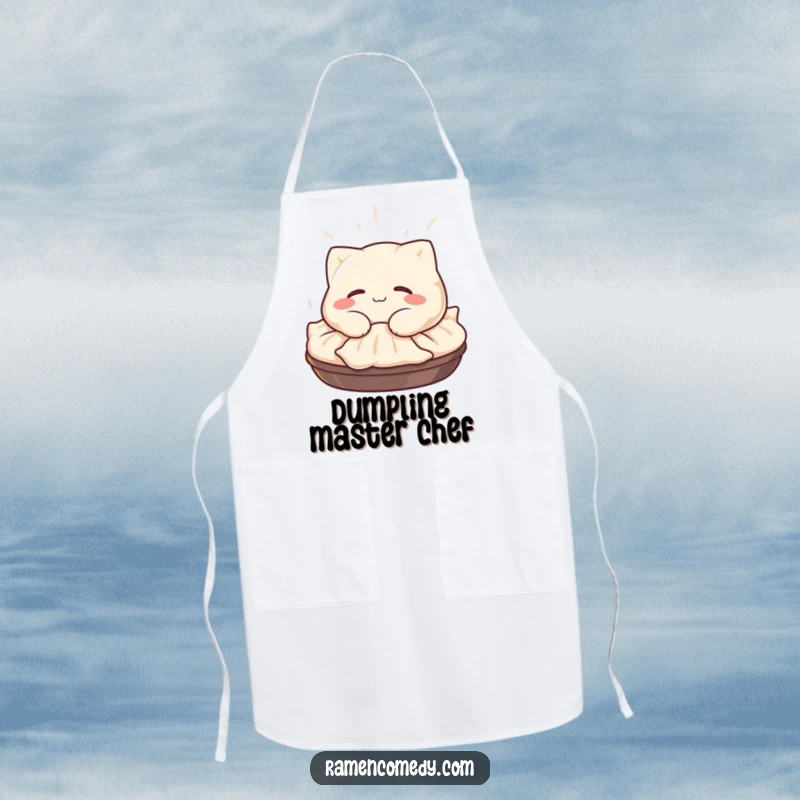 Funny Gyoza Apron: A happy gyoza character with a satisfied smile naps on a steaming pile, perfect for cooking comfort.