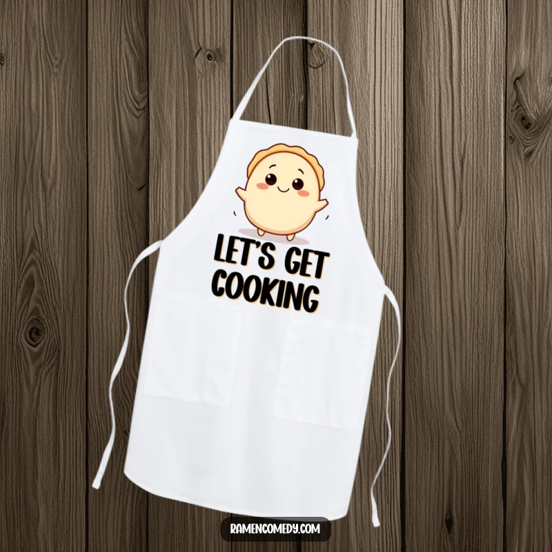 Funny gyoza apron depicting a happy character rolling with enthusiasm, perfect for a humorous cooking session.