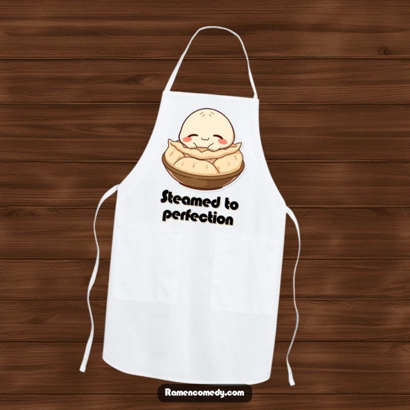 Funny gyoza character with a satisfied smile, napping on a steaming pile, featured on a practical and humorous apron.