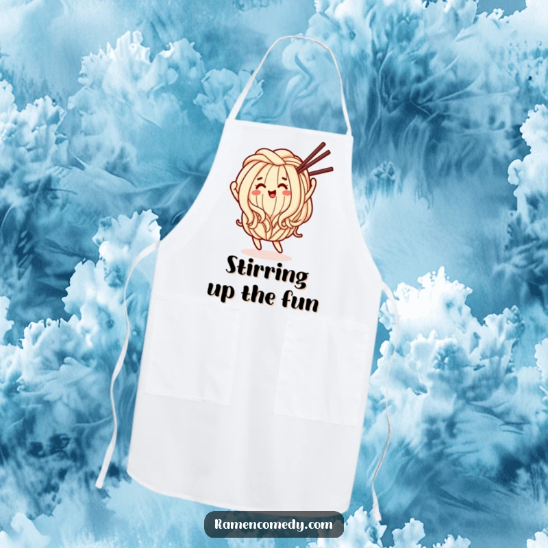 Funny Apron: A humorous apron design of a happy udon noodle character dancing with chopsticks.