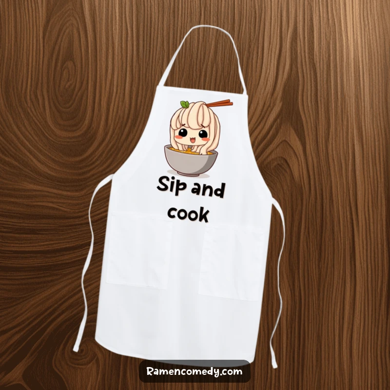 Funny Apron: A happy udon noodle comically sneaks a sip of broth, ideal for a humorous cooking experience.