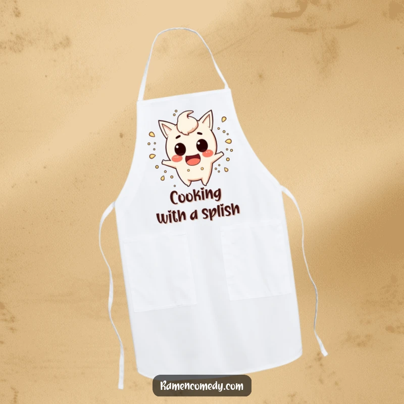 Funny miso soup apron showing a mischievous character splashing playfully, ideal for a humorous kitchen experience.
