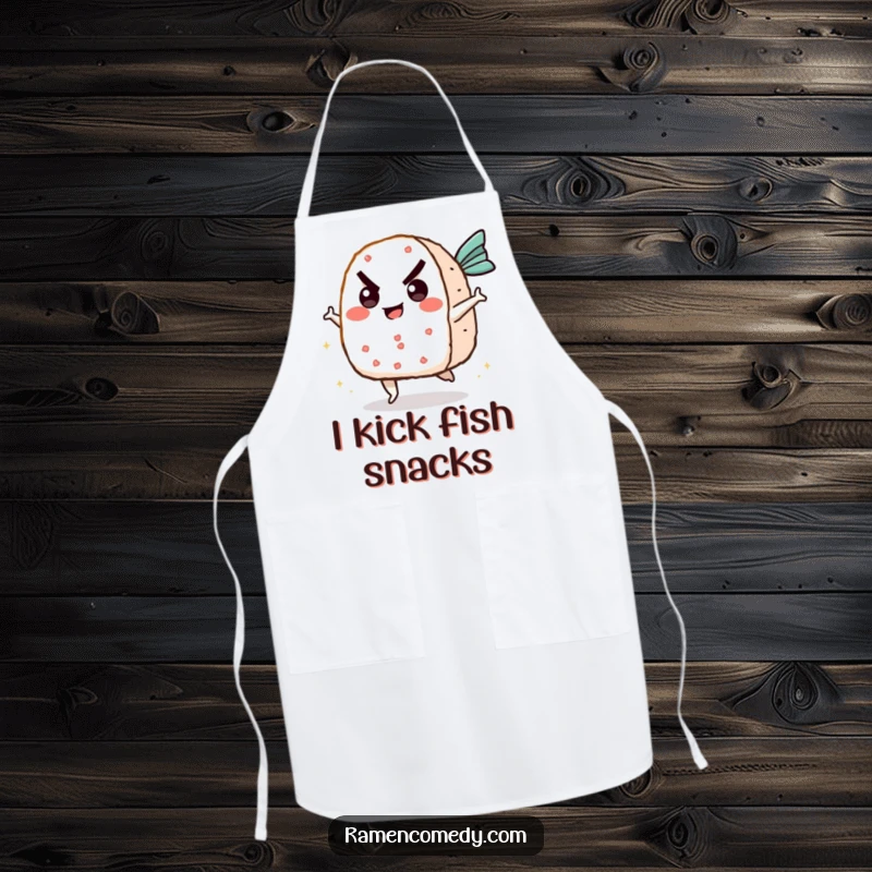 Funny onigiri apron featuring a determined rice ball character kicking a flying fish cake, ideal for protecting clothes with a dash of humor.