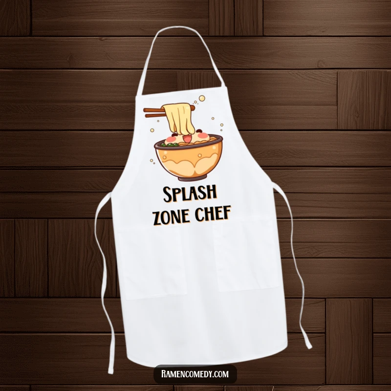 Funny ramen broth apron showing a bubbling character splashing from a bowl, ideal for kitchen protection with a humorous twist.