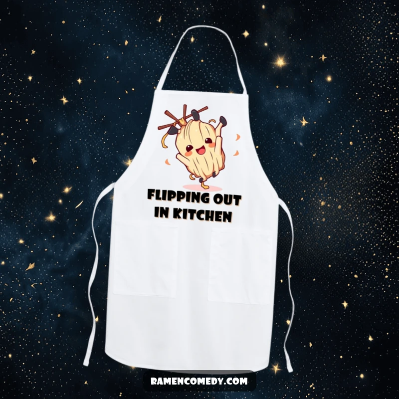 Funny ramen noodle character in a somersault pose on a kitchen apron, ready to make cooking fun.