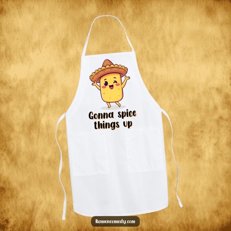 Funny taco jig apron featuring a happy taco wearing a sombrero, dancing with joy, ideal for a festive cooking session.