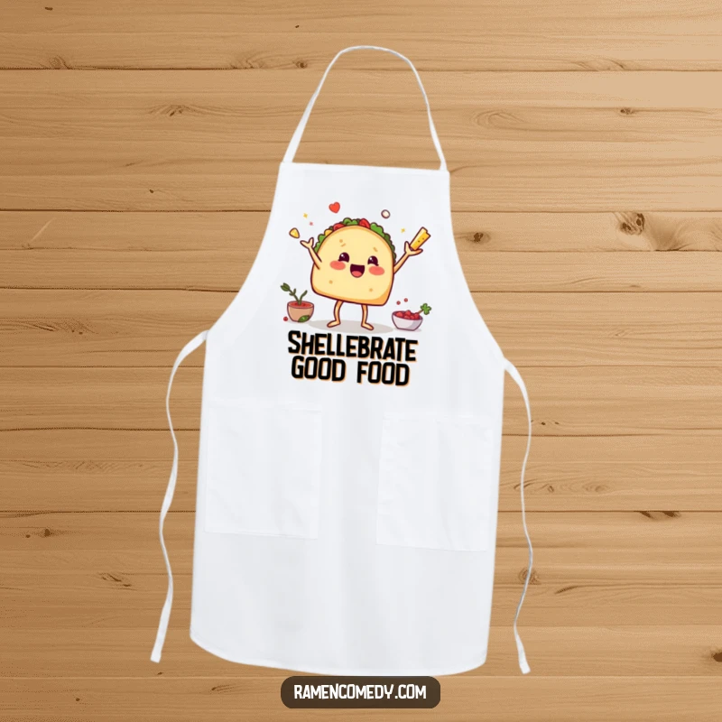 Funny apron featuring a taco with legs performing a juggling act with its ingredients, a playful kitchen accessory.