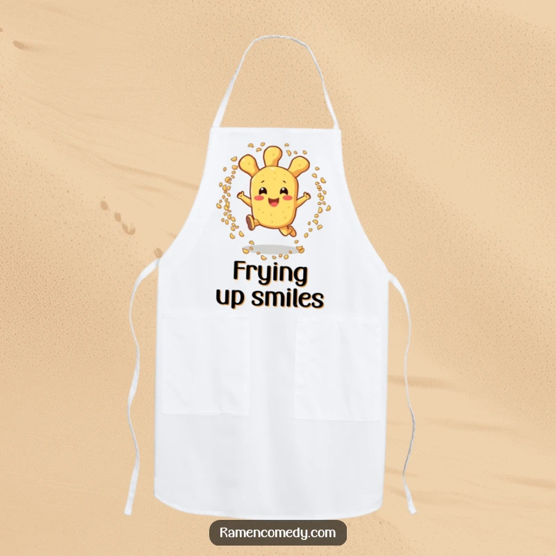 Funny tempura apron showing a cheerful tempura character leaping through sesame seeds, ideal for a fun cooking experience.