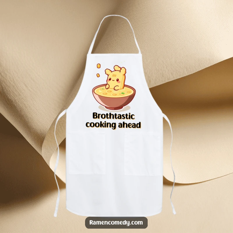 Funny Apron depicting a piece of tempura happily floating in broth, ready to bring culinary calm to the kitchen.