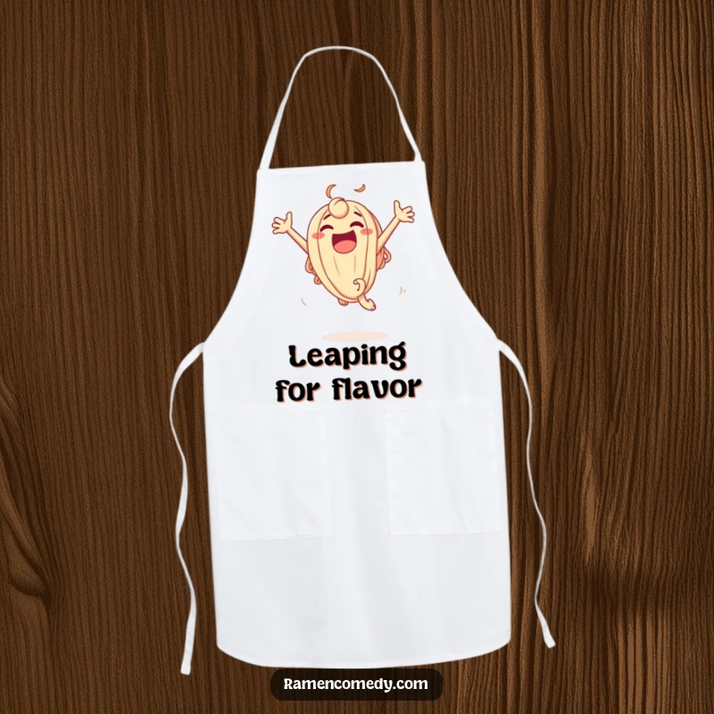Funny Apron featuring an excited udon noodle character leaping with delight, making kitchen tasks more enjoyable and humorous.