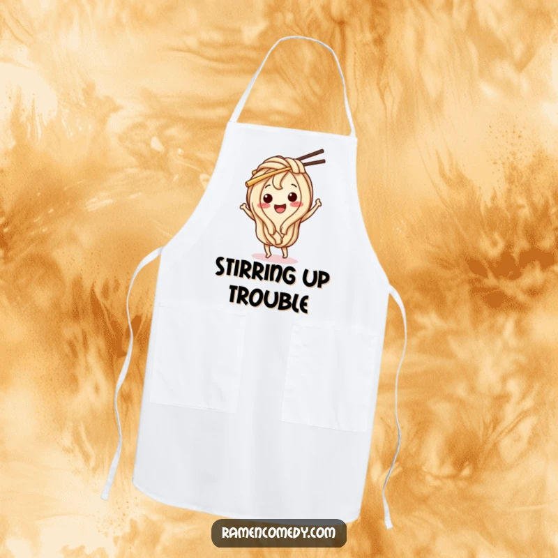 Funny Udon Noodle Apron: A happy udon noodle character dances with chopsticks, perfect for cooking with food-themed fun.