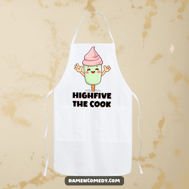Funny matcha ice cream apron with a grinning character giving a high-five, ideal for cooking.