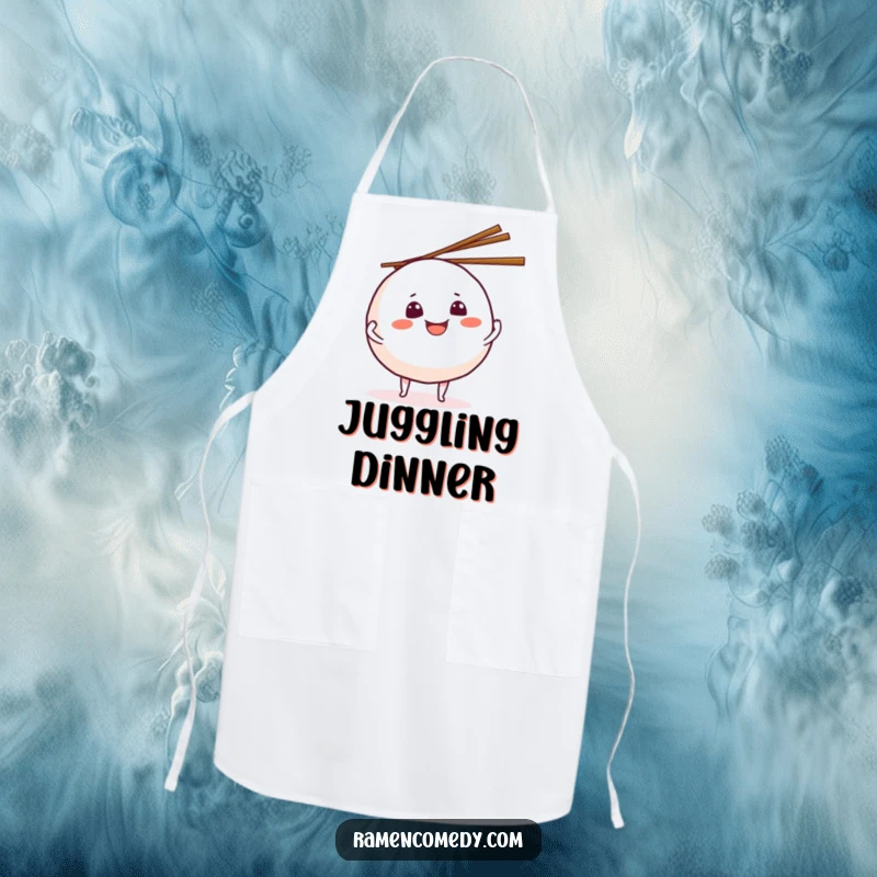 Funny grinning onigiri apron, a cute character juggling chopsticks, ideal for a fun-loving chef.