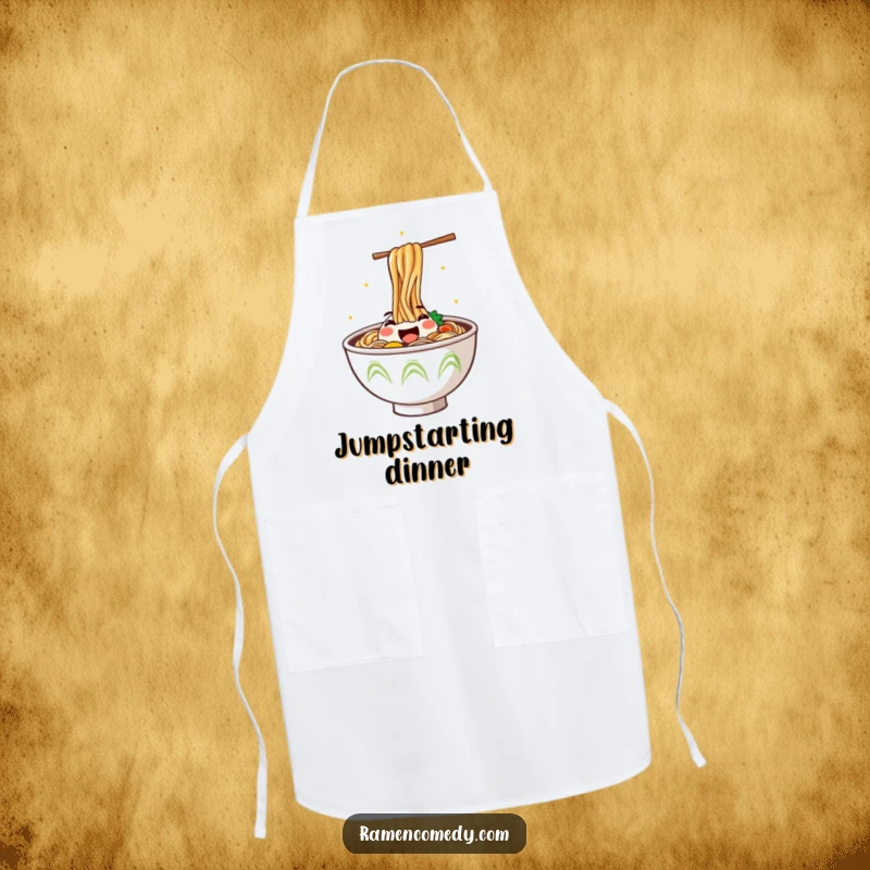 Funny Apron depicting a steaming ramen bowl with a happy face jumping out, adding humor to cooking and food prep.