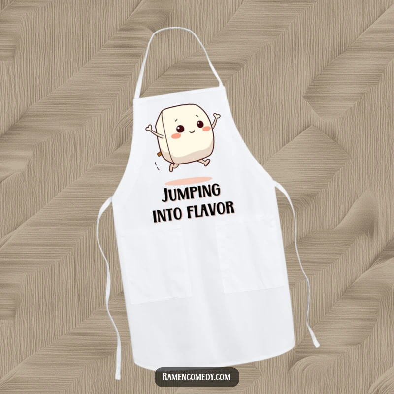 Funny apron showcasing a smiling onigiri character mid-leap, a playful kitchen accessory for food lovers.