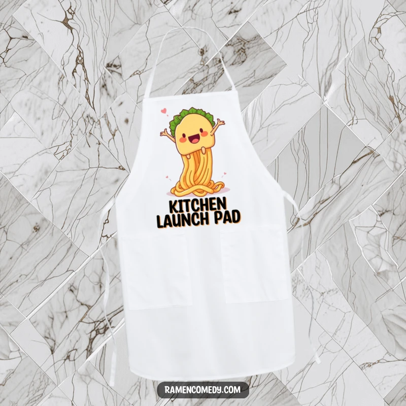 Funny taco noodle launch apron, a taco character gleefully launching from a springy noodle, a humorous and practical kitchen essential.