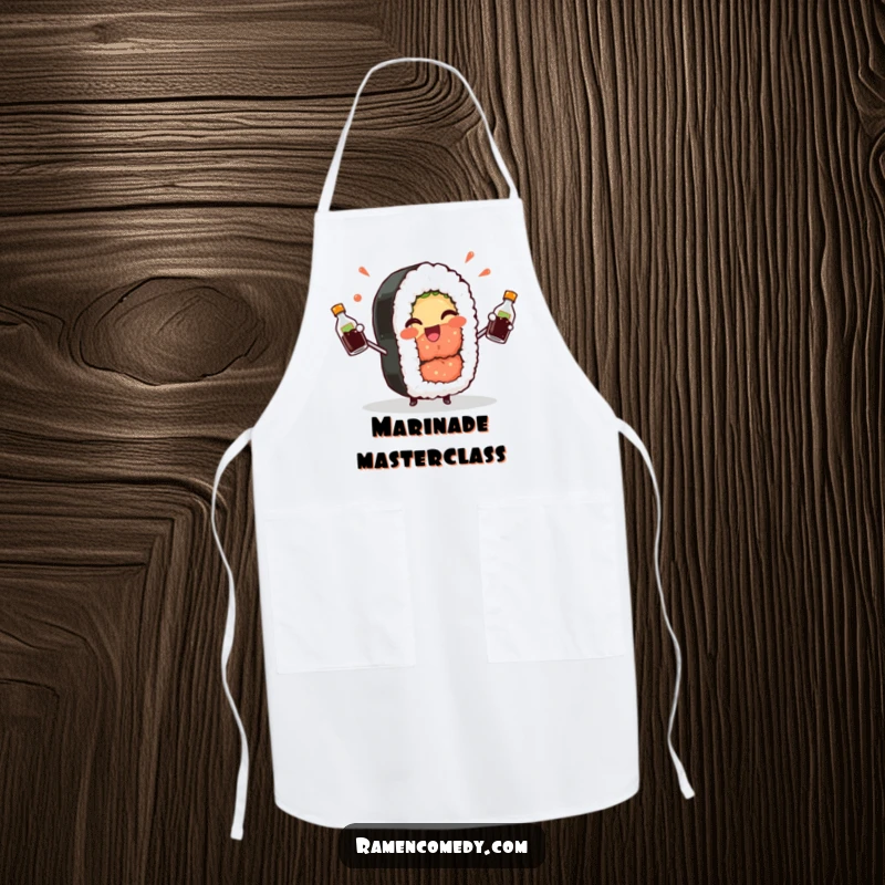 Funny Sushi Roll Apron: A cheerful sushi roll winks playfully while juggling soy sauce, perfect for culinary fun.