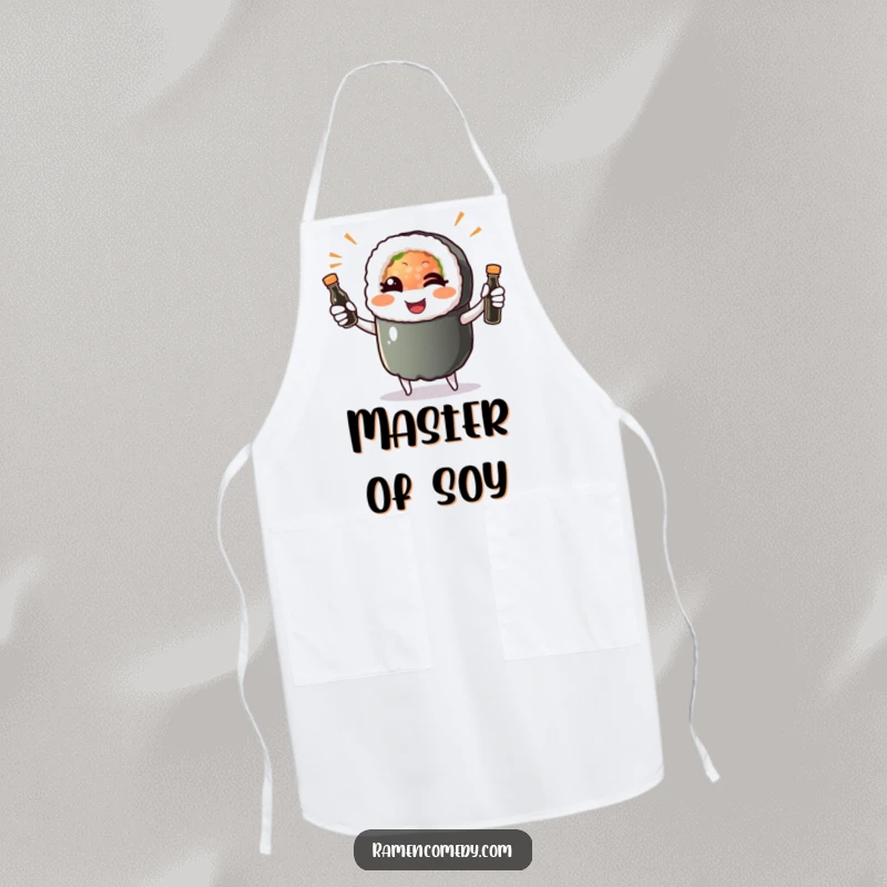 Funny sushi roll character winking and juggling soy sauce bottles, featured on a practical and humorous kitchen apron.