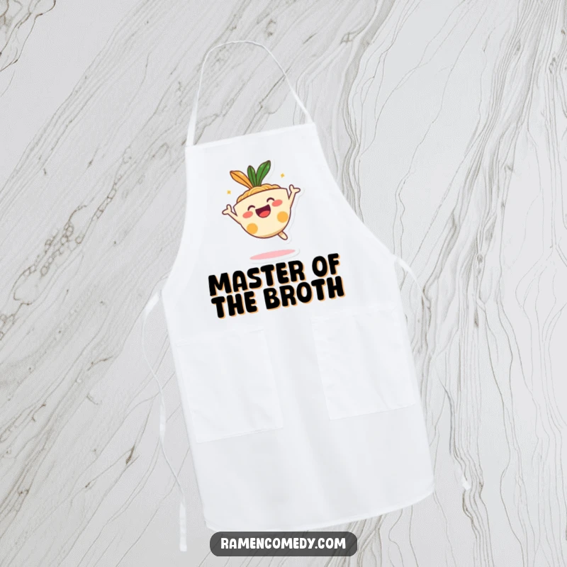 Funny happy ramen bowl character jumping with glee, cute and functional kitchen apron.