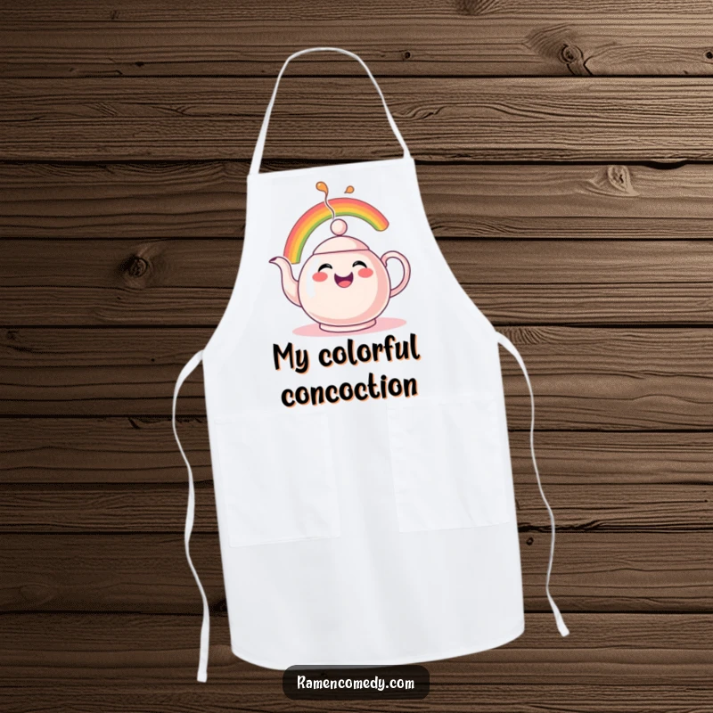 Funny Rainbow Tea Apron featuring a cheerful teapot character comically spouting a vibrant rainbow, perfect for a joyful cook.