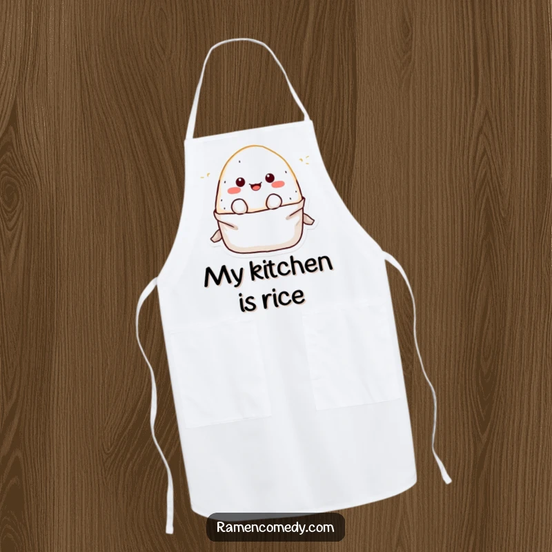 Funny Apron featuring a charming onigiri rice ball character popping out playfully while cooking, adding a humorous touch to kitchen duties.