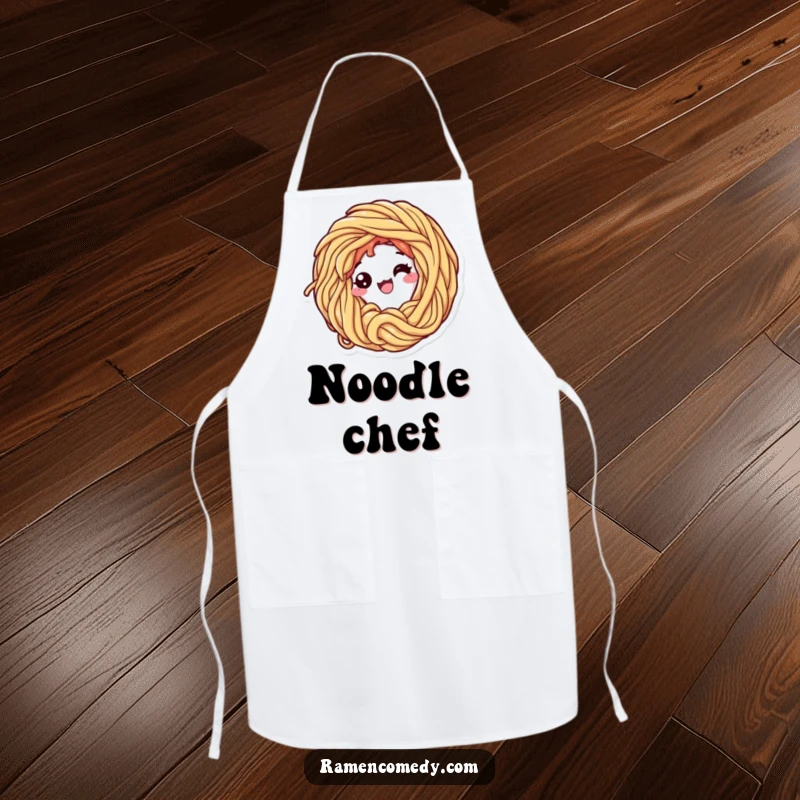 Funny apron illustration of a ramen noodle character looping itself, ideal for kitchen humor and protecting clothes while cooking.