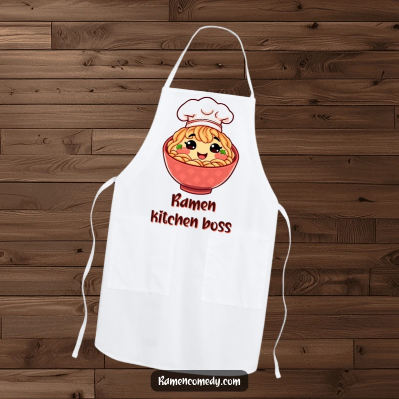 Funny smiling bowl of ramen wearing a tiny chef hat, a cute and functional chef apron.
