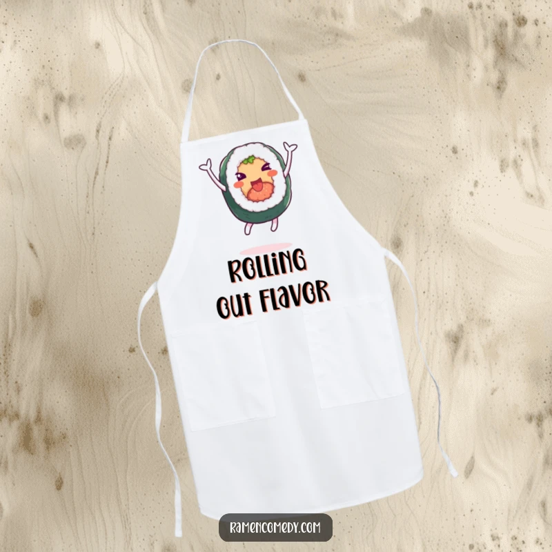 Funny apron featuring a cheerful sushi roll character leaping with glee, adding humor to kitchen tasks.