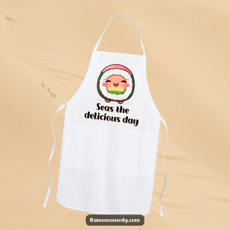 Funny apron illustrating a cheerful sushi roll character playfully winking, perfect for culinary adventures.
