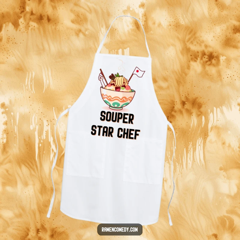 Funny ramen bowl character, steaming and waving a flag, featured on a practical and humorous kitchen apron.