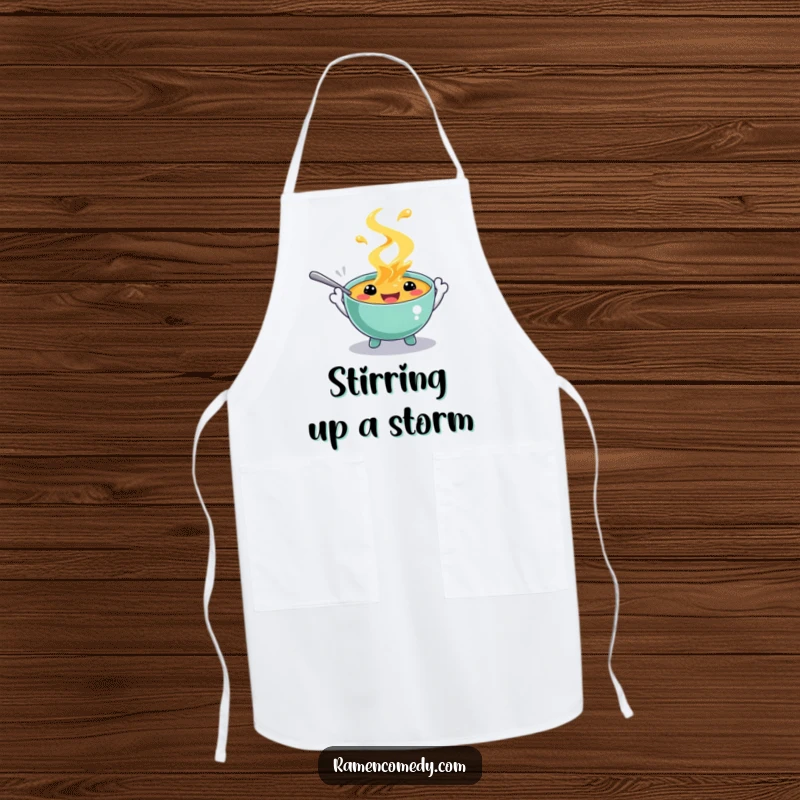 Funny cooking apron showcasing a joyful soup character with spoon hands, splashing with delight. Practical and humorous kitchen wear.