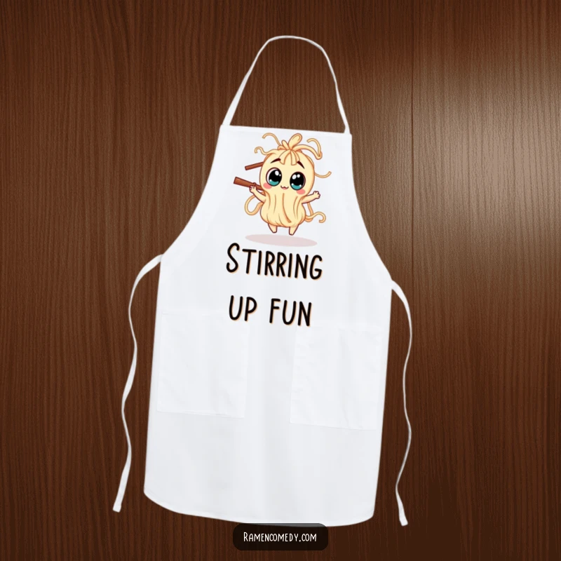 Funny Apron depicting a wiggly noodle creature with large eyes dancing around a chopstick, bringing humor to cooking.