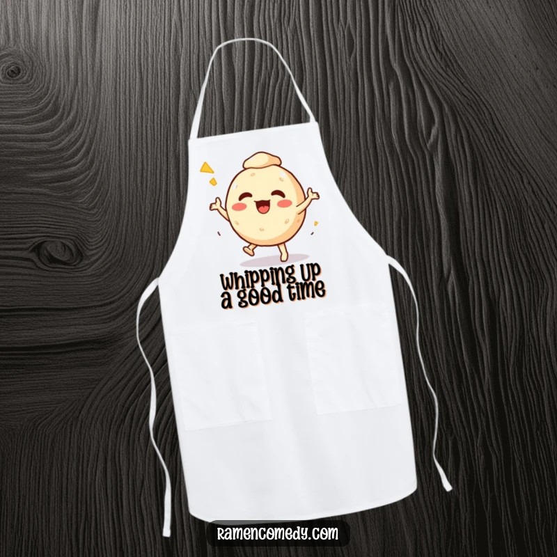 Funny Apron depicting a cheerful takoyaki ball character in a fun dance, ready to bring street food joy to cooking.