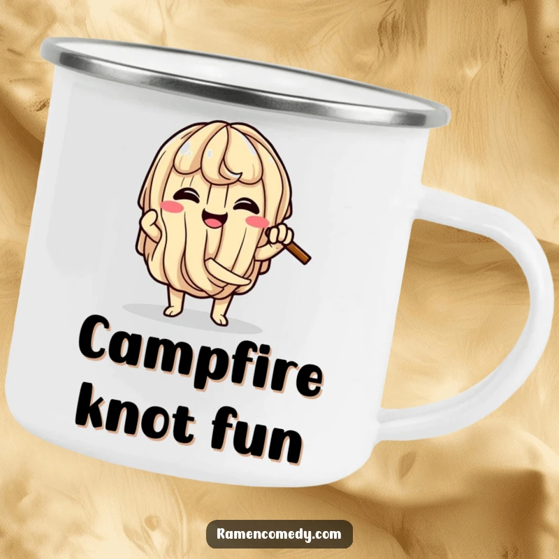 Funny Ramen Knot Camping Mug with a happy ramen noodle character comically tying itself into a knot, perfect for adventure.