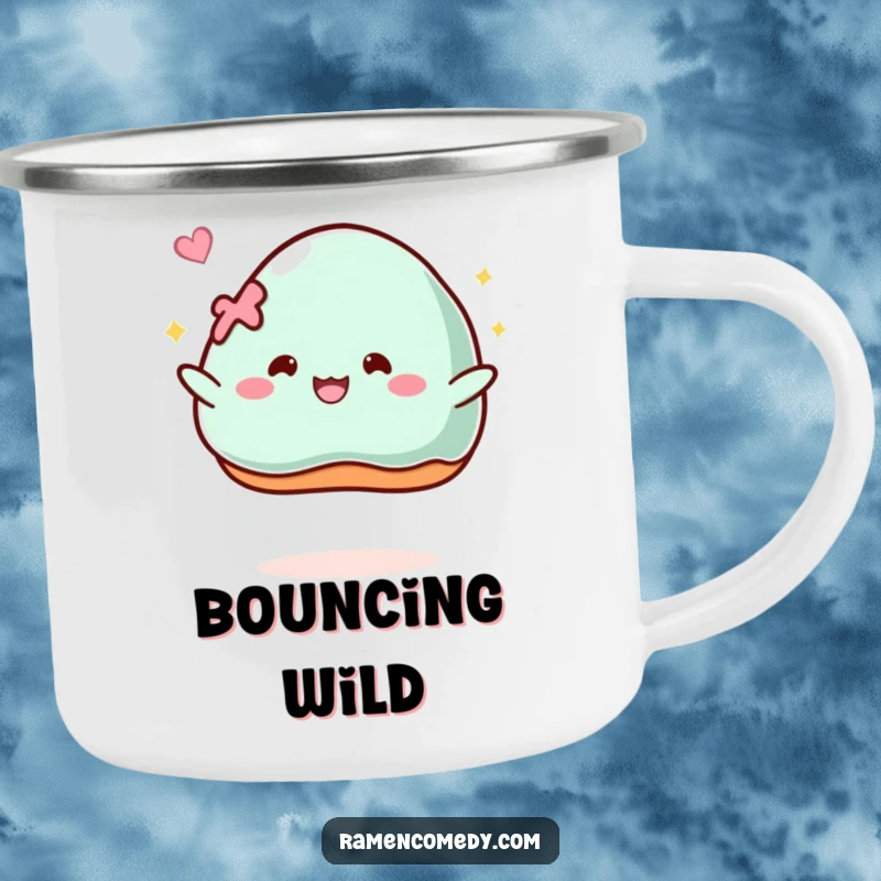 Funny Camping Mug: A piece of mochi comically bounces with glee, designed for outdoor enjoyment and cheer.