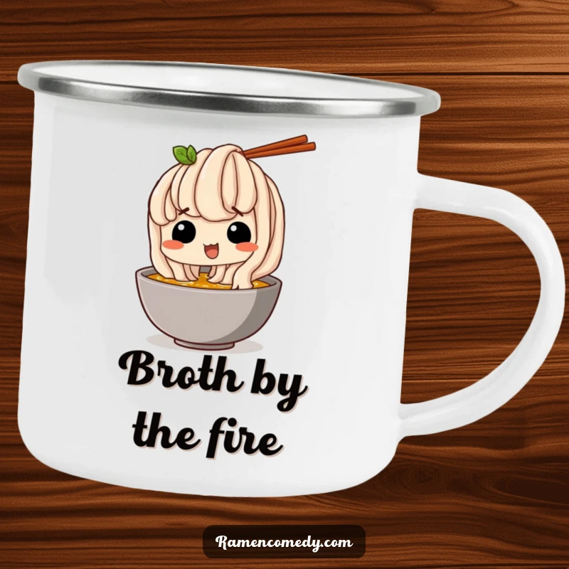 Funny Camping Mug: A happy udon noodle comically sneaks a sip of broth, designed for outdoor enjoyment and fun.