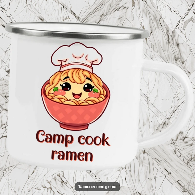 Funny smiling bowl of ramen wearing a tiny chef hat, an adventurous and cute camping mug design.