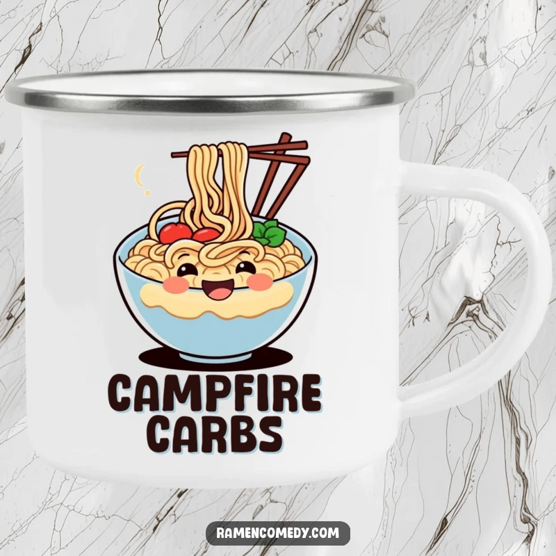 Funny camping mug featuring a smiling, wiggling bowl of noodles, perfect for enjoying drinks outdoors with humor.